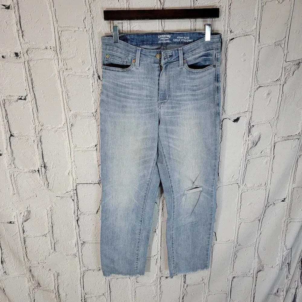 Womens SIGNATURE LEVI STRAUSS High Rise Ankle Straight Denim Jeans Frayed Hem 8